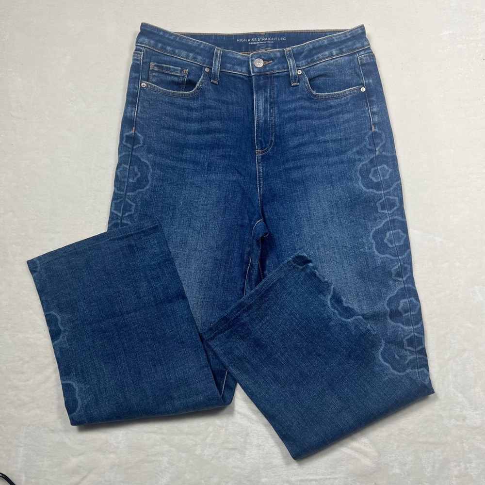 Chicos High Rise Straight Leg Jeans Blue Floral Laser Etched Size 1.5R US 10R